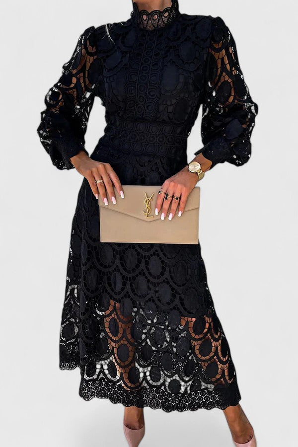 Elegant Lace Maxi Dress for Women with High Neck Long Sleeve Tiered Skirt Formal Wedding Guest Style