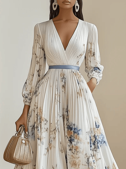 Elegant White Floral Maxi Dress for Women with V Neck Long Sleeve Belted Pleated Wedding Guest Style