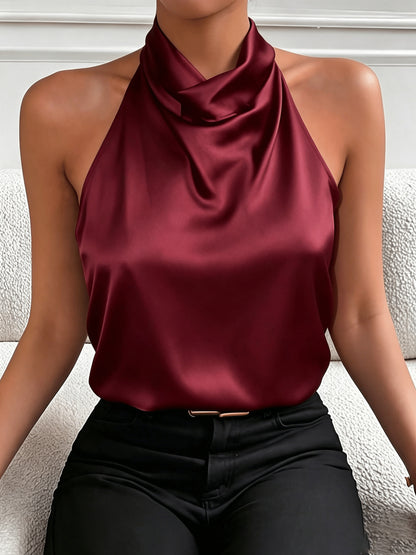 Elegant White Satin Blouse for Women with Cowl Neck Halter Draped Silky Style