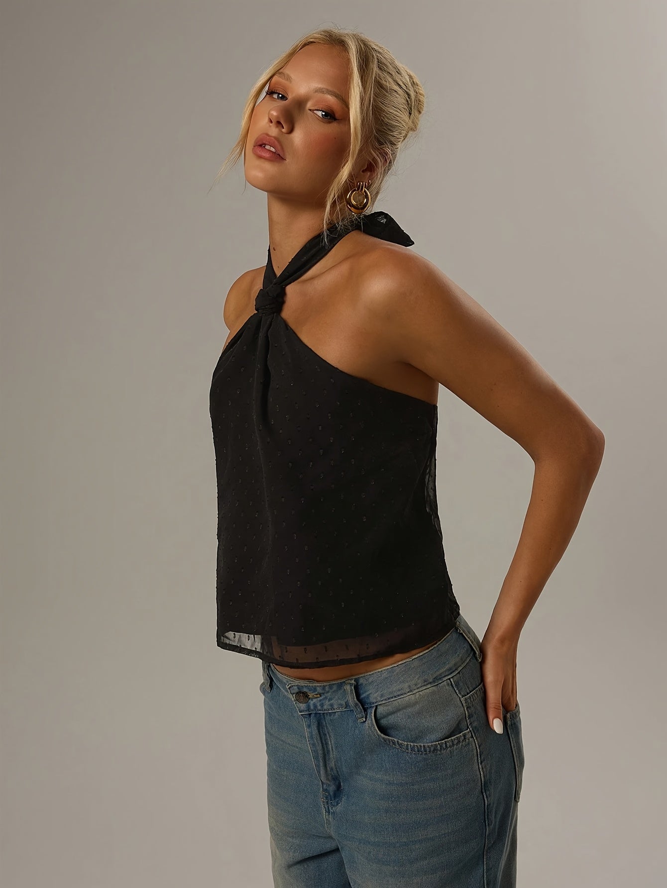 Elegant Black Swiss Dot Halter Top for Women with Twist Front Sleeveless Backless Cocktail Style