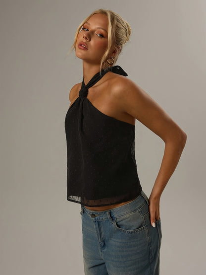 Elegant Black Swiss Dot Halter Top for Women with Twist Front Sleeveless Backless Cocktail Style