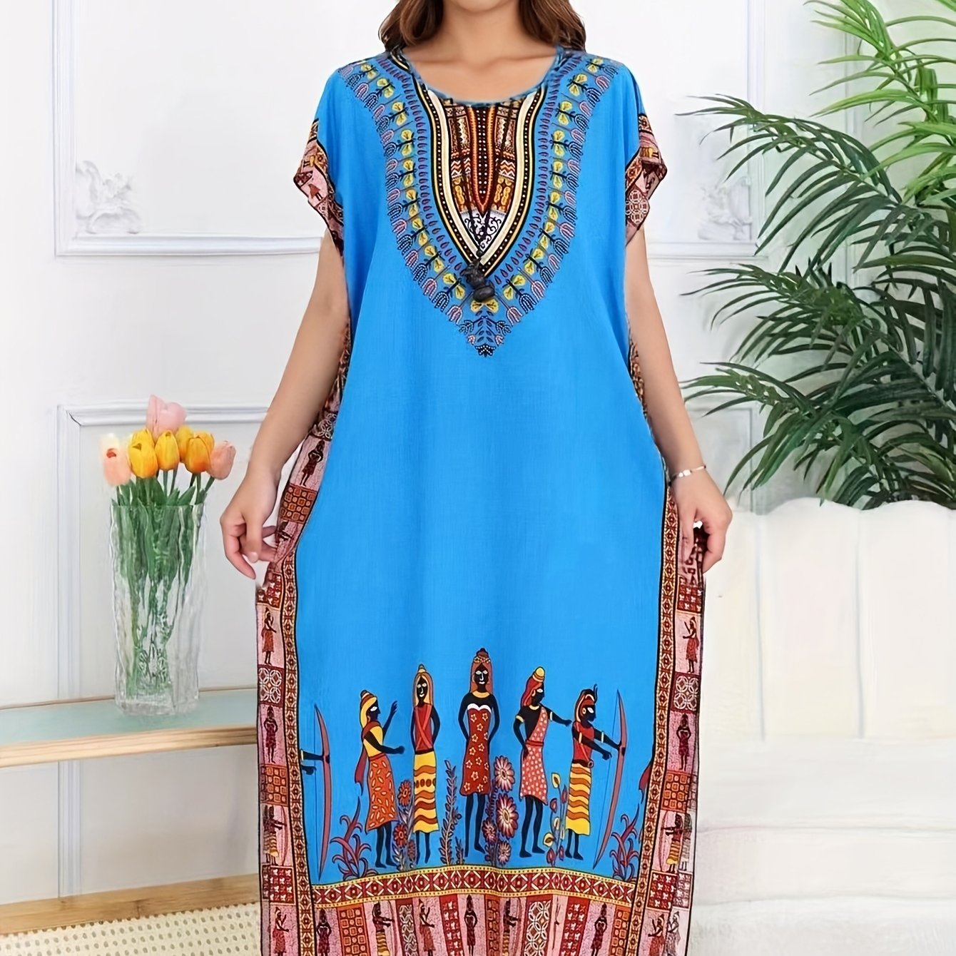 Effortless Dashiki Print Kaftan Dress for Women with V Neck Short Sleeve Relaxed Bohemian Style