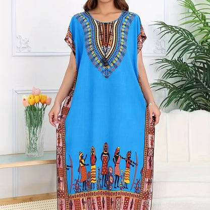 Effortless Dashiki Print Kaftan Dress for Women with V Neck Short Sleeve Relaxed Bohemian Style