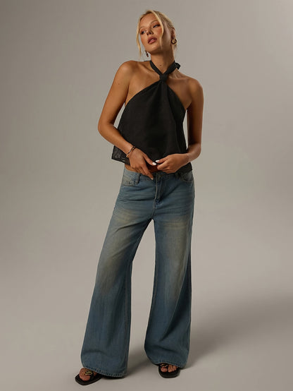 Elegant Black Swiss Dot Halter Top for Women with Twist Front Sleeveless Backless Cocktail Style