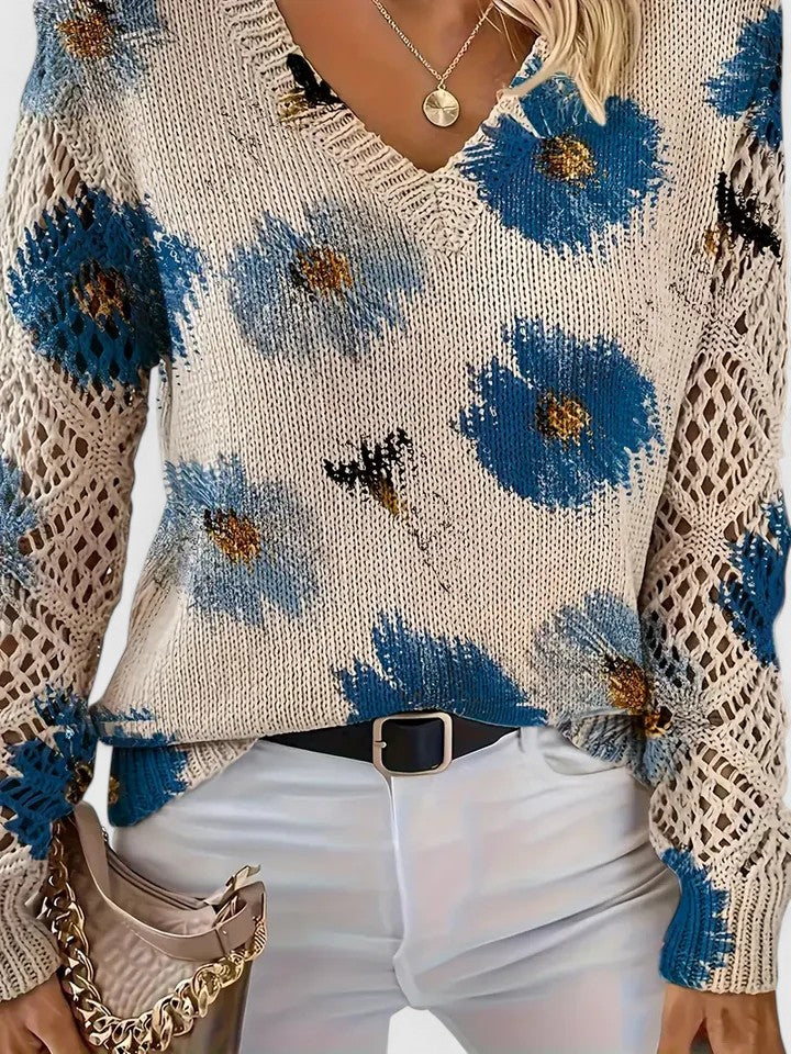 Comfortable Floral Print Sweater for Women with V Neck Long Sleeve Crochet Lace Oversized Knit Style