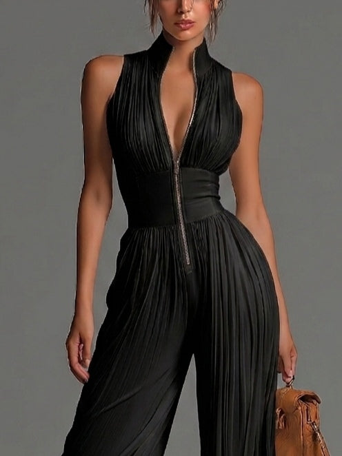 Effortless Black Jumpsuit for Women with Plunge Halter Neck Sleeveless Wide Leg Palazzo Style