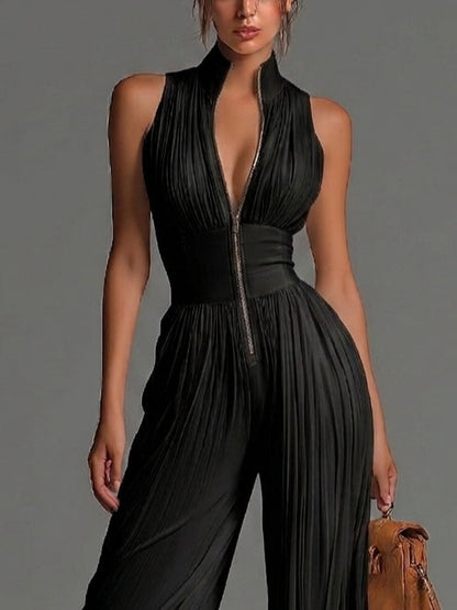 Effortless Black Jumpsuit for Women with Plunge Halter Neck Sleeveless Wide Leg Palazzo Style
