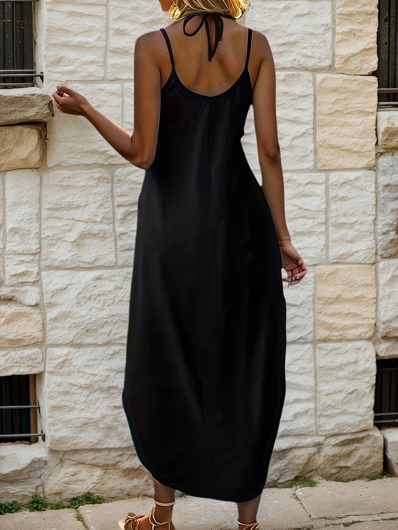 Effortless Black Maxi Dress for Women with V Neck Spaghetti Strap Cocoon Flowing Bohemian Style