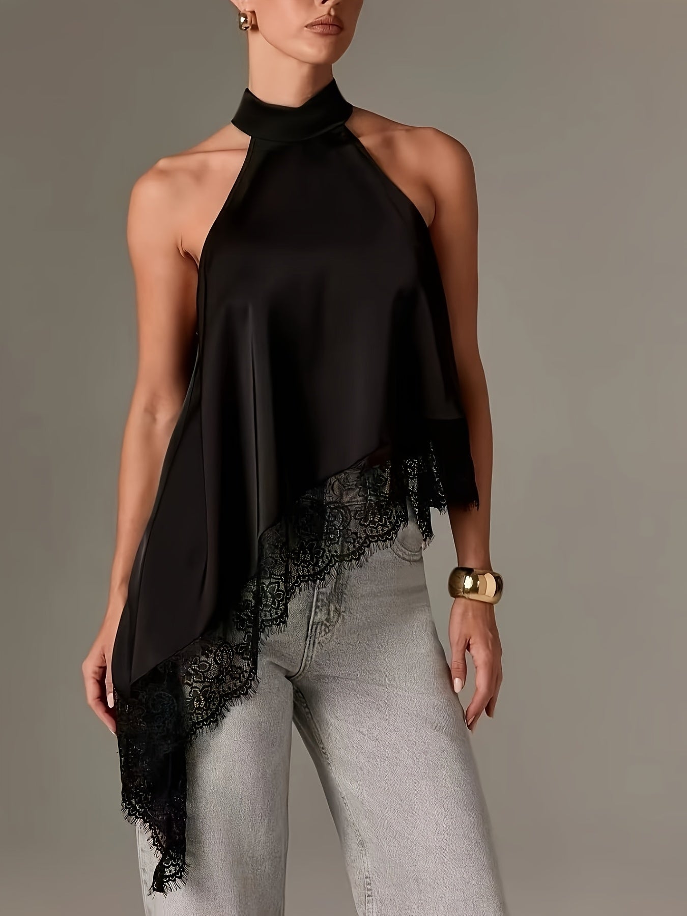 Elegant Satin Lace Trim Blouse for Women with Halter Neck Sleeveless Asymmetric Hem Silky Style