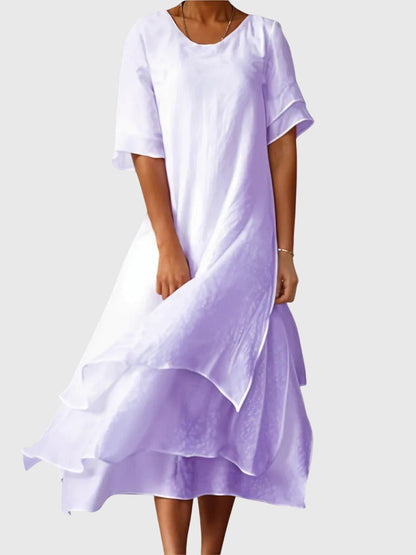 Elegant Chiffon Midi Dress for Women with Round Neck Short Sleeve Tiered Ruffle Formal Wedding Guest Style