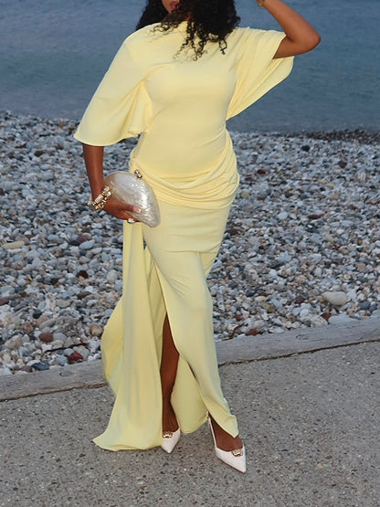 Elegant Yellow Maxi Dress for Women with High Neck Batwing Sleeve Backless Ruched Side Slit Formal Party Style