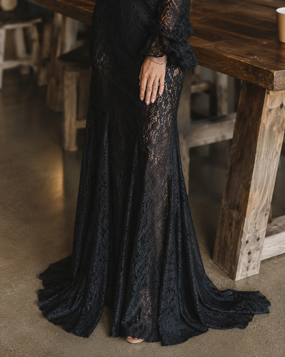 Elegant Black Lace Maxi Dress for Women with V Neck Bell Sleeve Sheer Bohemian Style