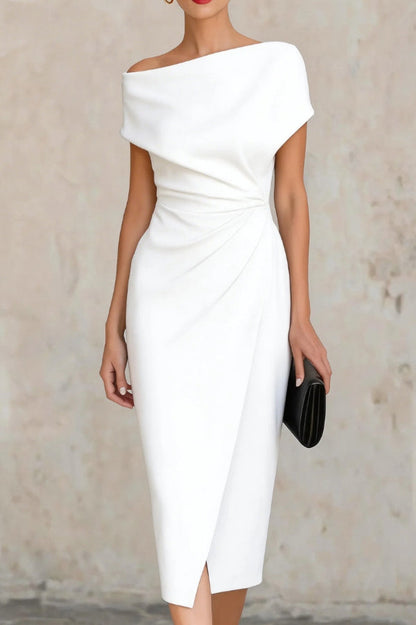 Elegant Draped Midi Dress for Women with Off Shoulder Cap Sleeve Ruched Wrap Bodycon Cocktail Style