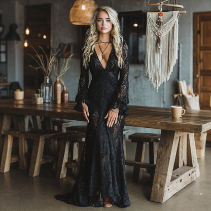 Elegant Black Lace Maxi Dress for Women with V Neck Bell Sleeve Sheer Bohemian Style
