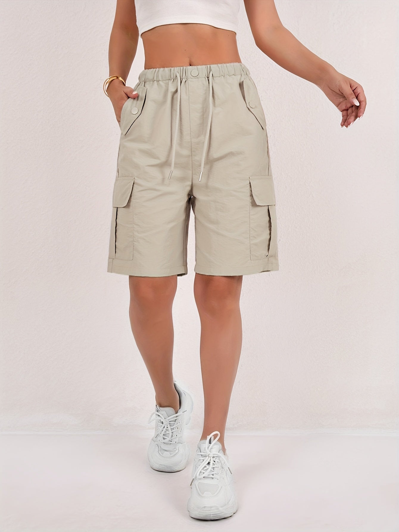 Effortless Pink Cargo Shorts for Women with Elastic Waist Drawstring Flap Pocket Relaxed Casual Style