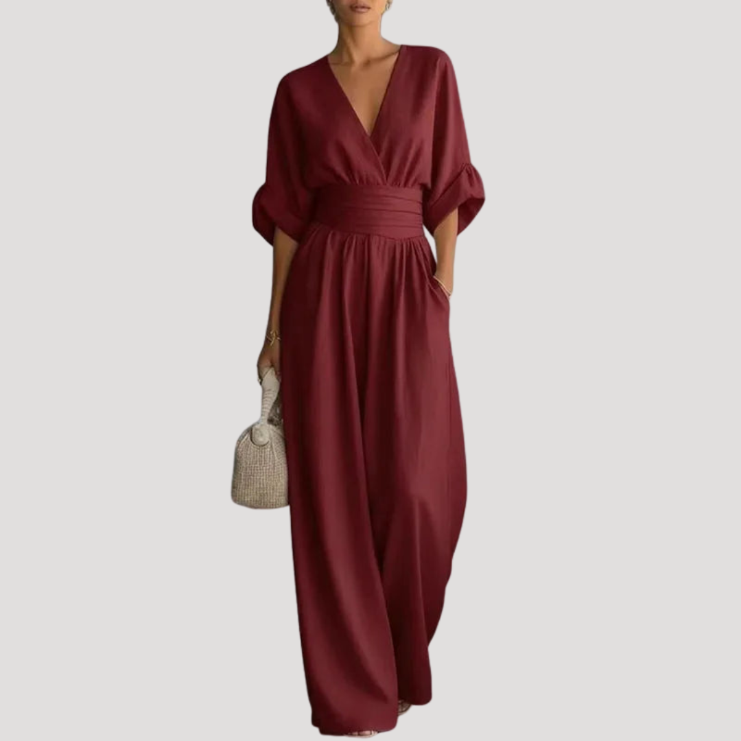 Effortless Wide Leg Jumpsuit for Women with V Neck Bell Sleeve Ruched Waist Flowing Style