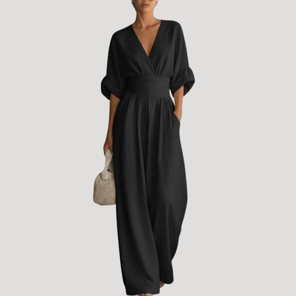 Effortless Wide Leg Jumpsuit for Women with V Neck Bell Sleeve Ruched Waist Flowing Style
