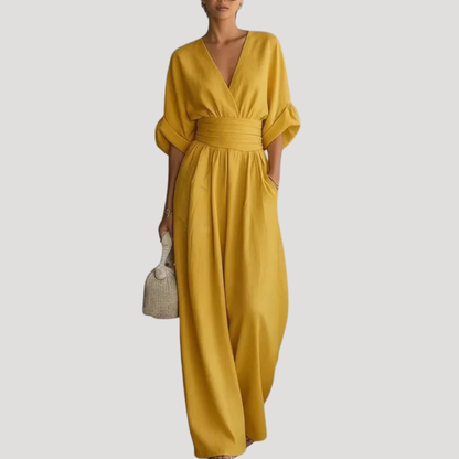 Effortless Wide Leg Jumpsuit for Women with V Neck Bell Sleeve Ruched Waist Flowing Style