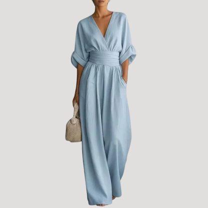 Effortless Wide Leg Jumpsuit for Women with V Neck Bell Sleeve Ruched Waist Flowing Style