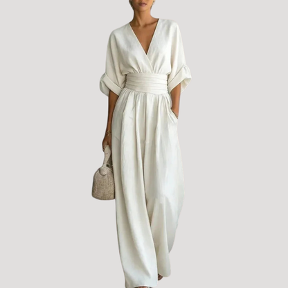 Effortless Wide Leg Jumpsuit for Women with V Neck Bell Sleeve Ruched Waist Flowing Style
