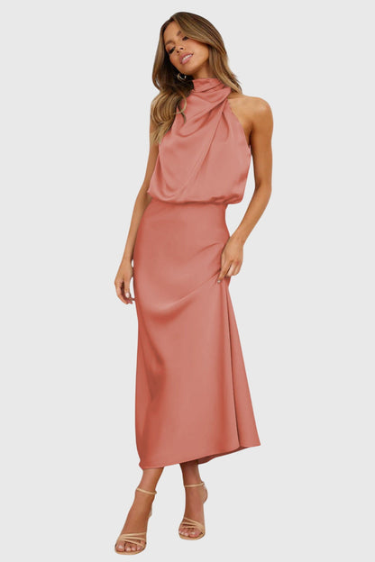 Elegant Satin Maxi Dress for Women with Halter Neck Cowl Draped Sleeveless Formal Wedding Guest Style