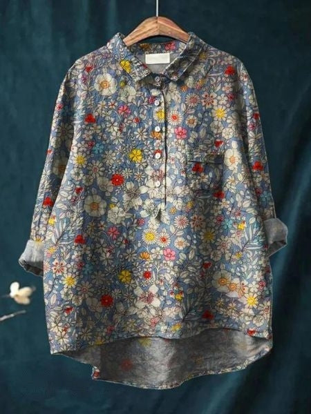 Effortless Floral Blouse for Women with Collar Long Sleeve Button Front High Low Hem Style