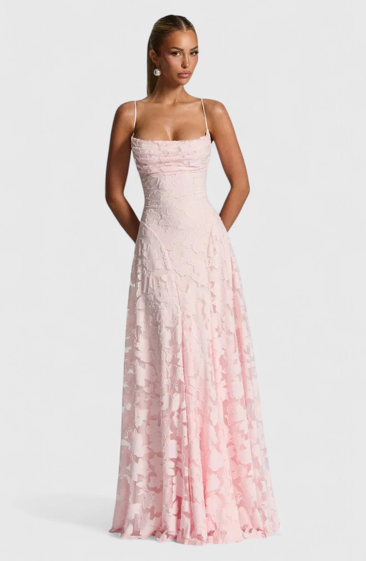 Elegant Floral Lace Maxi Dress for Women with Straight Neck Spaghetti Strap Open Back Formal Wedding Guest Style