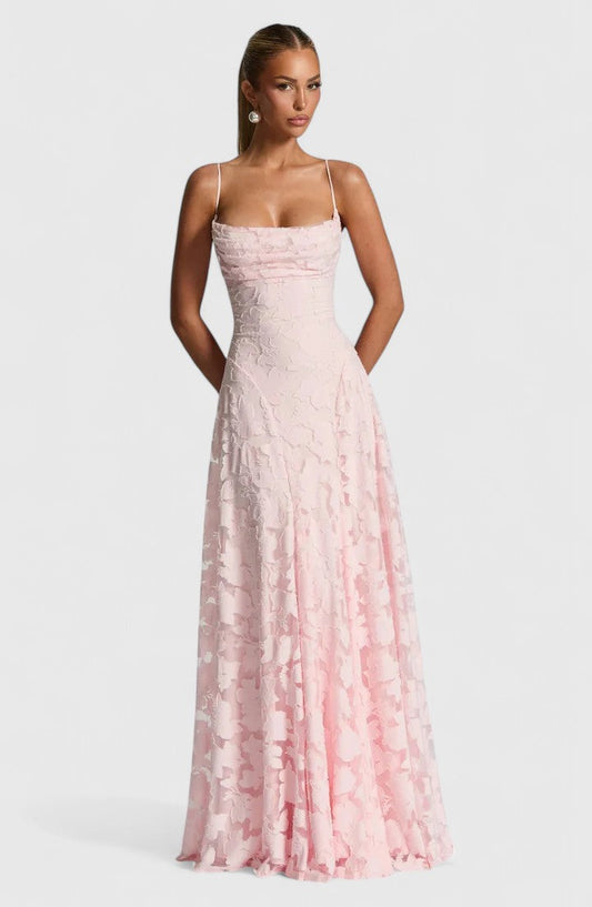 Elegant Floral Lace Maxi Dress for Women with Straight Neck Spaghetti Strap Open Back Formal Wedding Guest Style