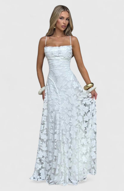 Elegant Floral Lace Maxi Dress for Women with Straight Neck Spaghetti Strap Open Back Formal Wedding Guest Style