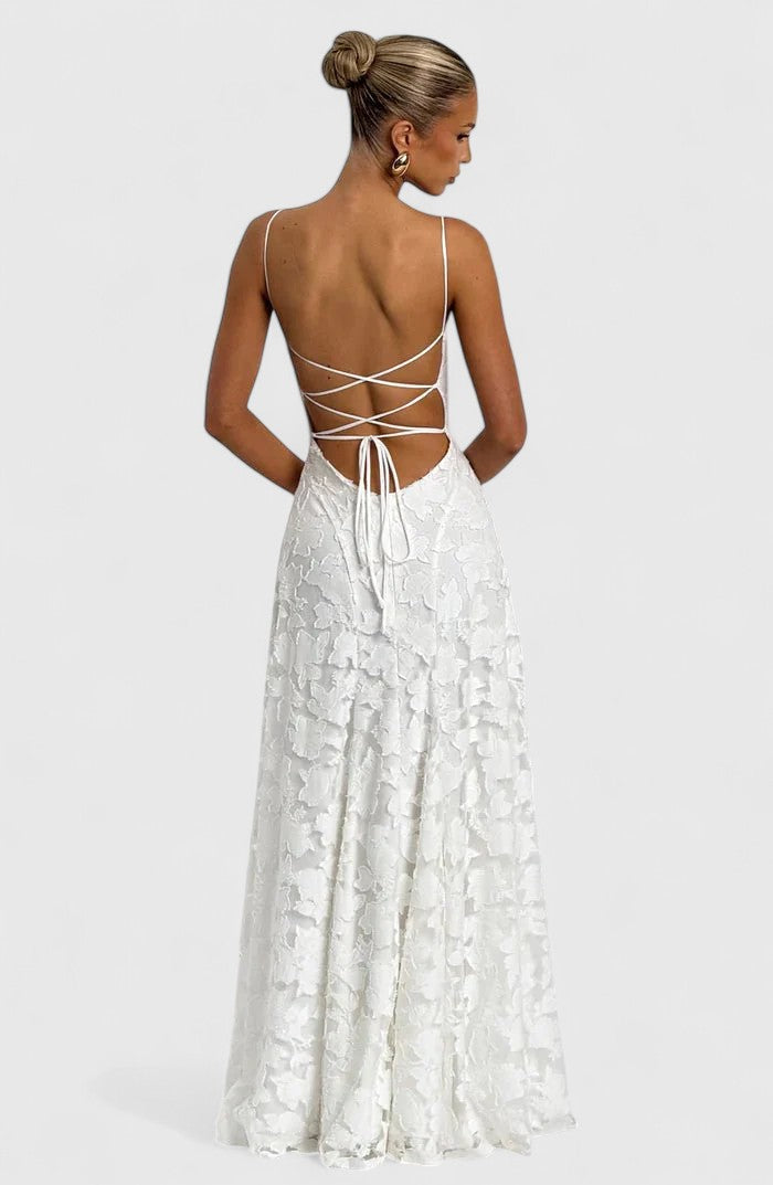Elegant Floral Lace Maxi Dress for Women with Straight Neck Spaghetti Strap Open Back Formal Wedding Guest Style