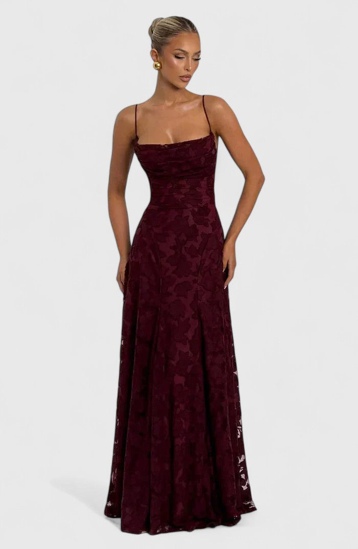 Elegant Floral Lace Maxi Dress for Women with Straight Neck Spaghetti Strap Open Back Formal Wedding Guest Style
