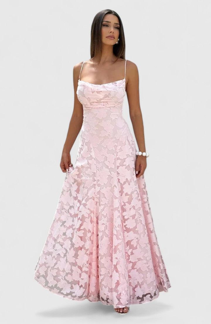 Elegant Floral Lace Maxi Dress for Women with Straight Neck Spaghetti Strap Open Back Formal Wedding Guest Style