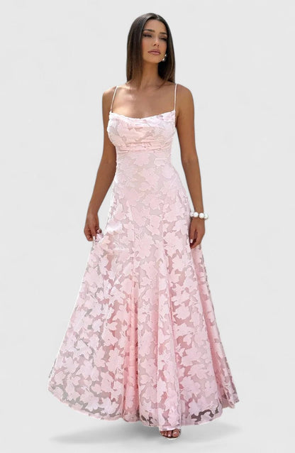 Elegant Floral Lace Maxi Dress for Women with Straight Neck Spaghetti Strap Open Back Formal Wedding Guest Style