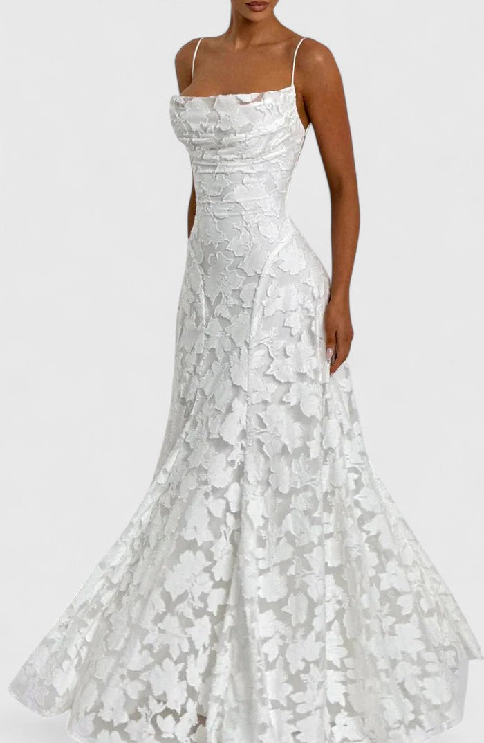 Elegant Floral Lace Maxi Dress for Women with Straight Neck Spaghetti Strap Open Back Formal Wedding Guest Style
