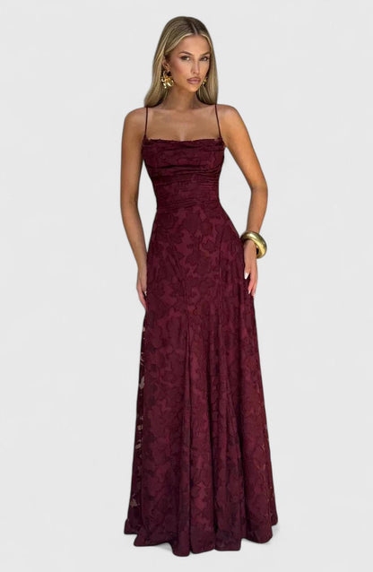 Elegant Floral Lace Maxi Dress for Women with Straight Neck Spaghetti Strap Open Back Formal Wedding Guest Style