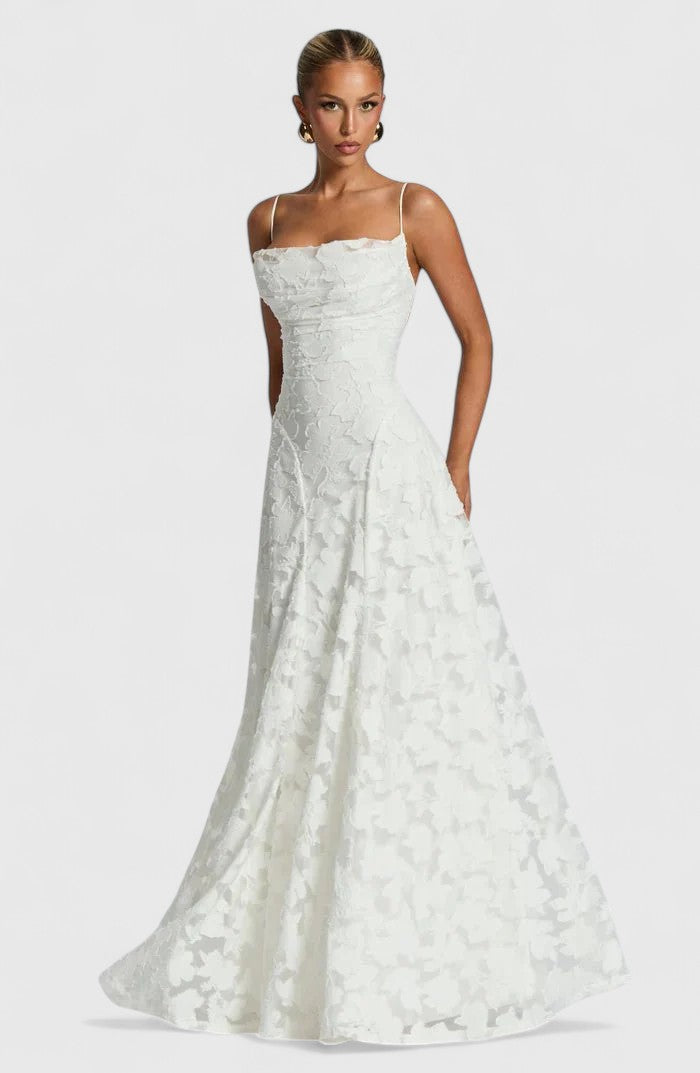 Elegant Floral Lace Maxi Dress for Women with Straight Neck Spaghetti Strap Open Back Formal Wedding Guest Style