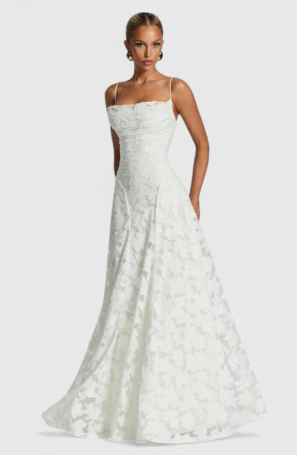 Elegant Floral Lace Maxi Dress for Women with Straight Neck Spaghetti Strap Open Back Formal Wedding Guest Style