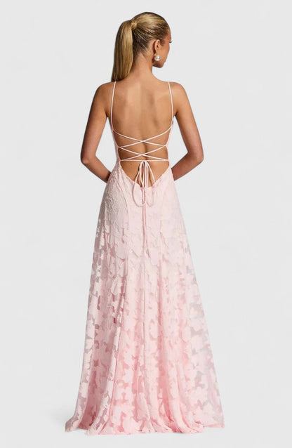 Elegant Floral Lace Maxi Dress for Women with Straight Neck Spaghetti Strap Open Back Formal Wedding Guest Style