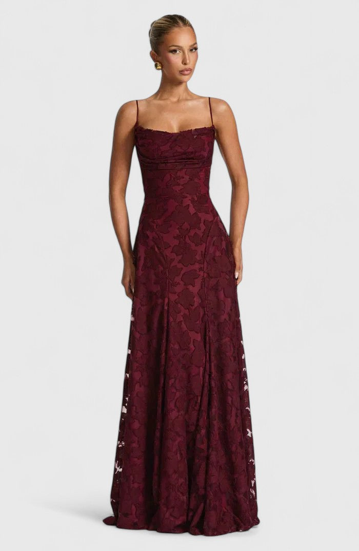 Elegant Floral Lace Maxi Dress for Women with Straight Neck Spaghetti Strap Open Back Formal Wedding Guest Style