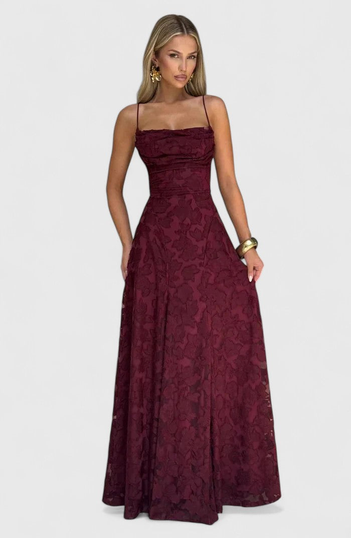 Elegant Floral Lace Maxi Dress for Women with Straight Neck Spaghetti Strap Open Back Formal Wedding Guest Style