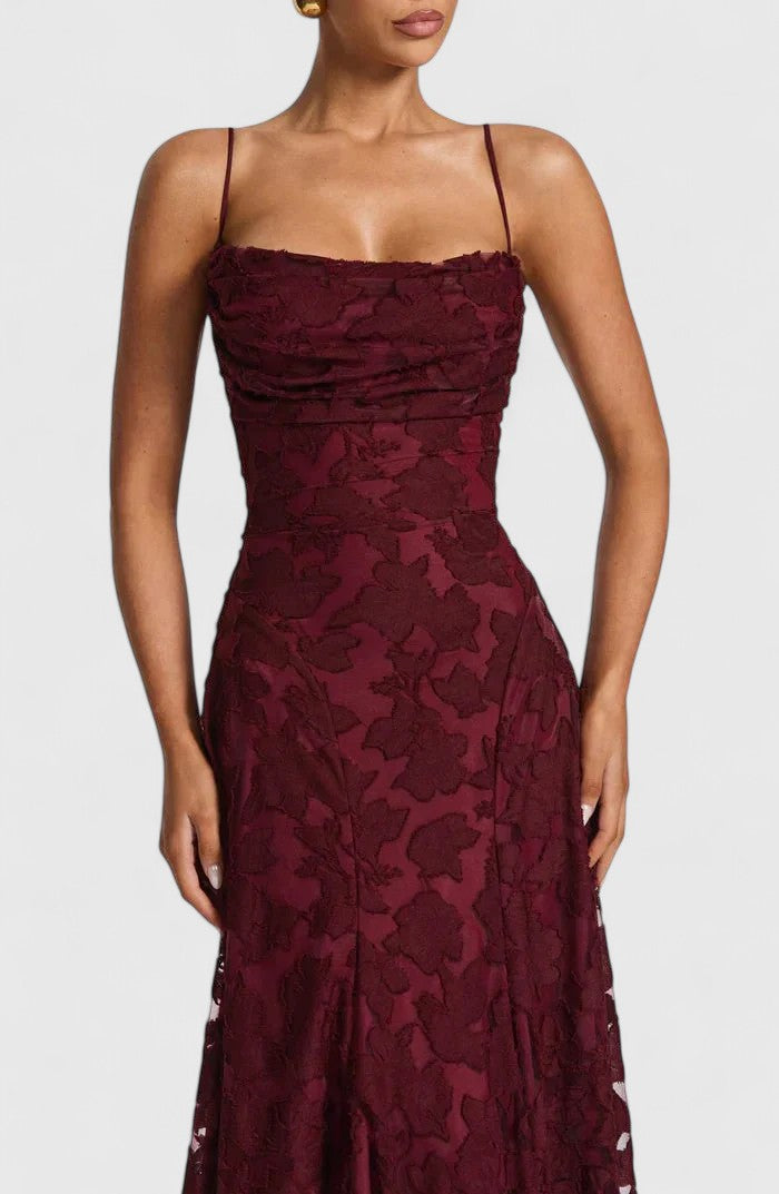 Elegant Floral Lace Maxi Dress for Women with Straight Neck Spaghetti Strap Open Back Formal Wedding Guest Style