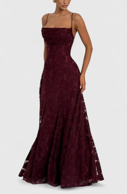 Elegant Floral Lace Maxi Dress for Women with Straight Neck Spaghetti Strap Open Back Formal Wedding Guest Style