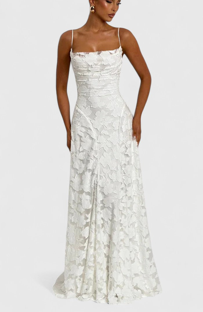 Elegant Floral Lace Maxi Dress for Women with Straight Neck Spaghetti Strap Open Back Formal Wedding Guest Style