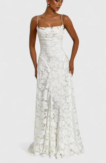 Elegant Floral Lace Maxi Dress for Women with Straight Neck Spaghetti Strap Open Back Formal Wedding Guest Style