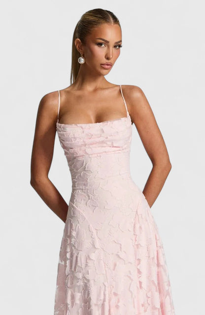 Elegant Floral Lace Maxi Dress for Women with Straight Neck Spaghetti Strap Open Back Formal Wedding Guest Style
