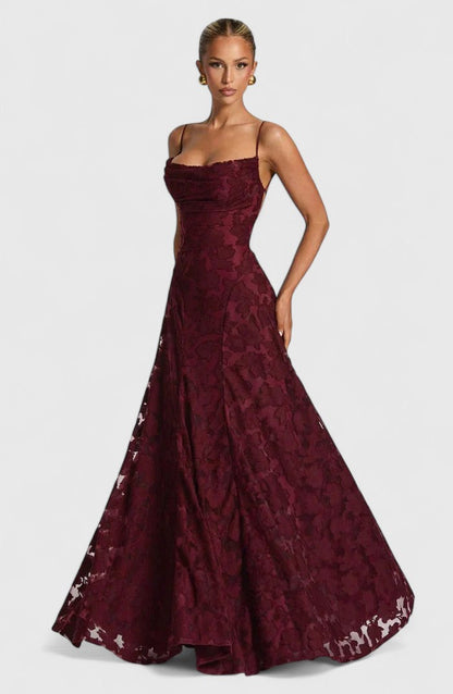 Elegant Floral Lace Maxi Dress for Women with Straight Neck Spaghetti Strap Open Back Formal Wedding Guest Style