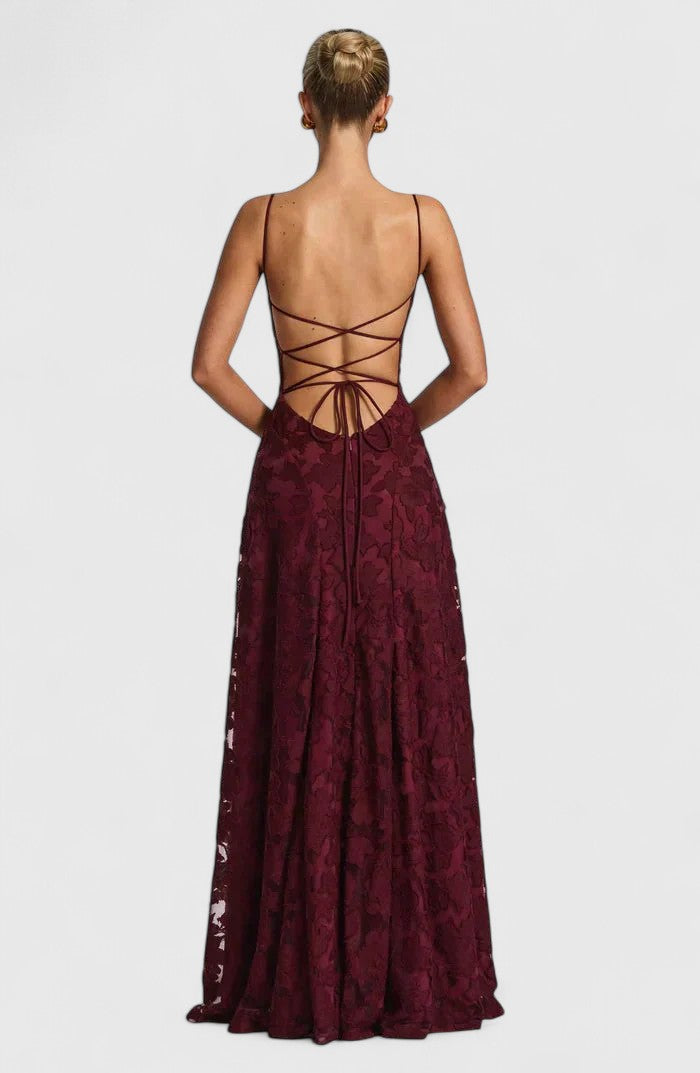 Elegant Floral Lace Maxi Dress for Women with Straight Neck Spaghetti Strap Open Back Formal Wedding Guest Style