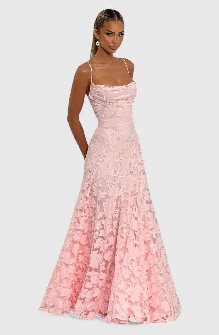 Elegant Floral Lace Maxi Dress for Women with Straight Neck Spaghetti Strap Open Back Formal Wedding Guest Style