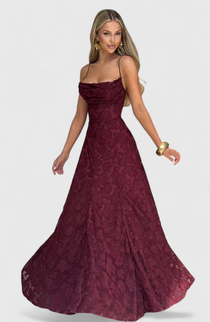 Elegant Floral Lace Maxi Dress for Women with Straight Neck Spaghetti Strap Open Back Formal Wedding Guest Style