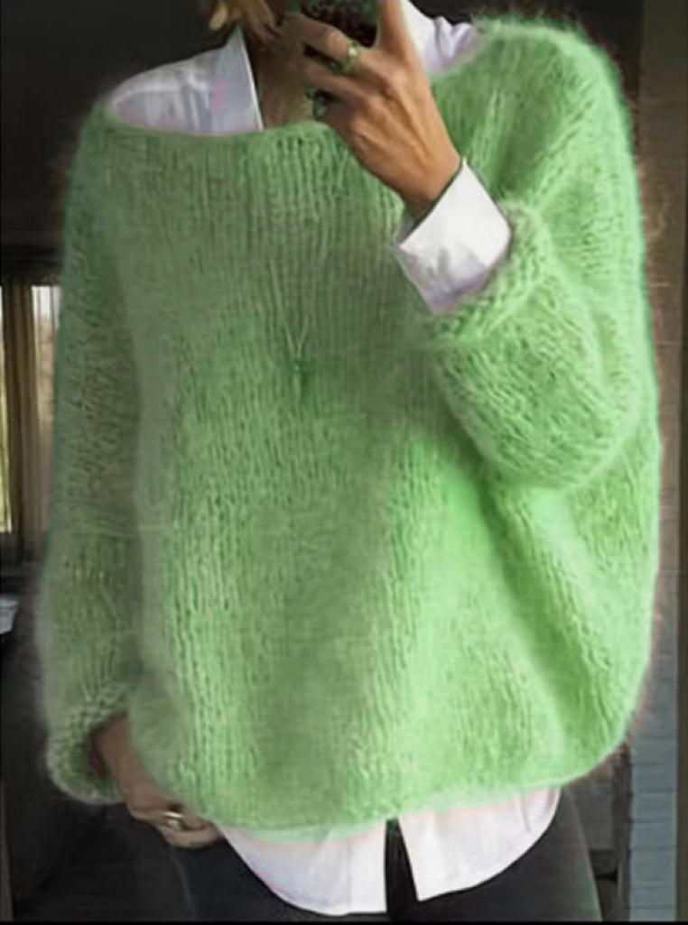 Comfortable Mohair Knit Sweater for Women with Wide Neck Long Sleeve Oversized Relaxed Style